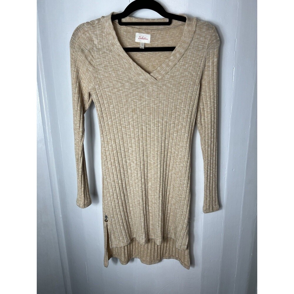 Deletta Anthropologie Tunic Top Women XS Tan Long Sleeve Ribbed Knit Sweater